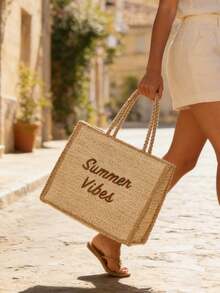 女士夏季藤编单肩包，女孩手工编织手提包，经典编织包，女士沙滩单肩包，女士草编包，斜挎包，女士手提包，沙滩必备，沙滩用品，沙滩装备和夏季必备品，夏季包包，度假必备品，非常适合旅行、度假和海滩 - 卡其色 - 查看 5