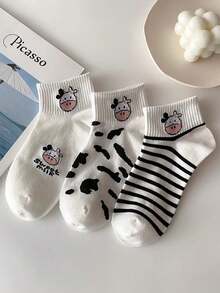 1/5 Pair Cartoon Cow Embroidered Socks, Black & White Striped Polka Dot Breathable Moisture-Wicking Unisex Socks, Japanese School Style Versatile Ankle Socks - Multicolor - View 4