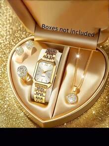 一套女士手表/4件套首饰，优雅方形石英表，搭配不锈钢表带，送给她的完美礼物，休闲风格，最佳礼品套装 - 白色 - 查看 12