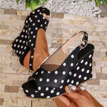 Giày sandal đế xuồng chấm bi đen cho nữ, sandal cao gót hở mũi gợi cảm có quai ngang mắt cá chân, phù hợp cho trang phục thường ngày, kỳ nghỉ, đi biển, dự tiệc, và những dịp thanh lịch. - màu đen - Xem 11