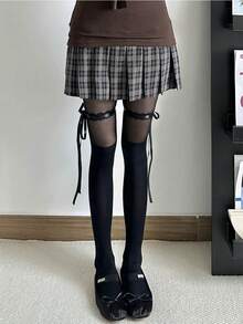 1双米色/黑色薄款透明甜美蝴蝶结拼接长筒袜，适合春夏穿着 - 彩色 - 查看 12