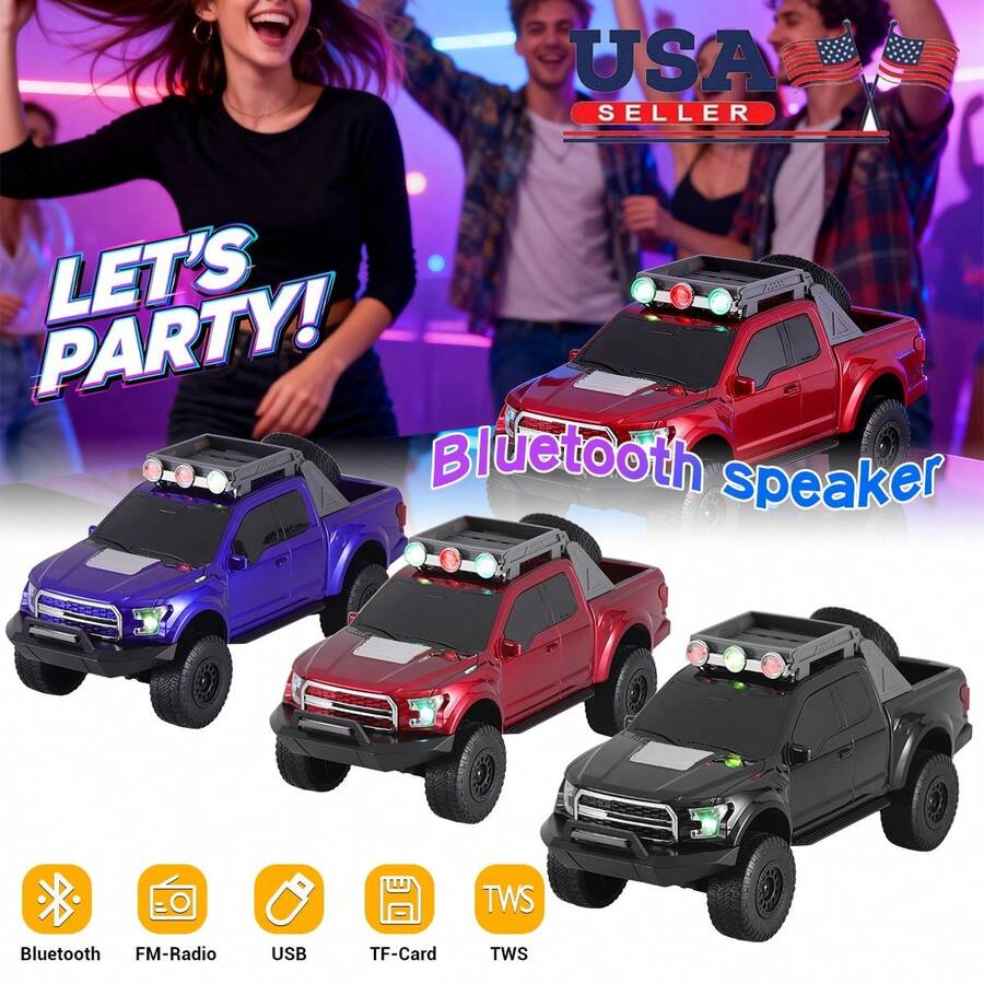 Dazone 3-In Portable Bluetooth Party Speaker, Pickup Truck Model Wireless Speaker With Built-In Microphone For Hands-Free Calls, Portable Wireless Audio With LED Lights, USB/TF/FM/AUX, TYPE-C Charging For Camping, Home Decor & Parties - 查看 1