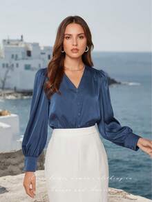 Women's Plus Size Elegant V-Neck Long Sleeve Pullover Blouse For Commuting Spring - Blue - View 7