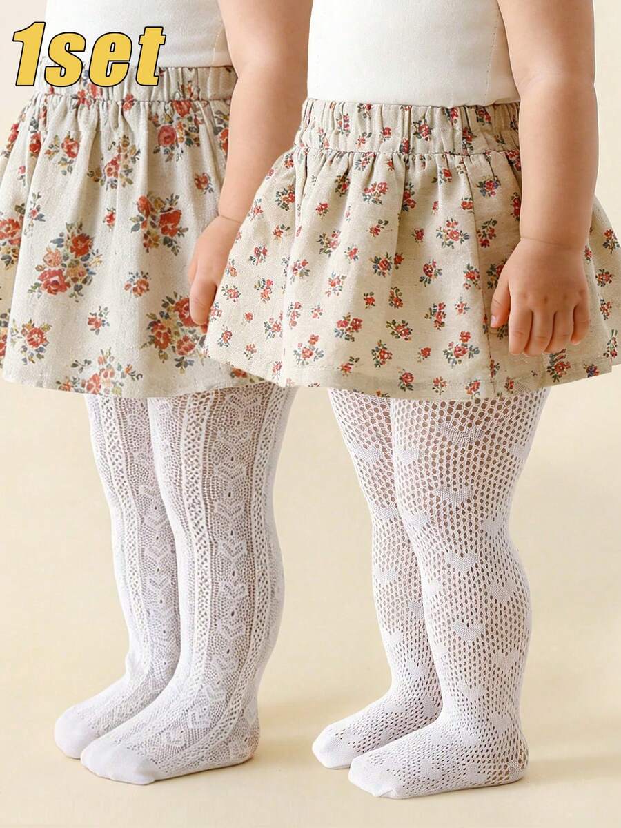 2pcs/Set Baby Girls' Sweet Lady-Like Heart Jacquard Mesh Leggings, Suitable For Girls' Daily Wear In Summer