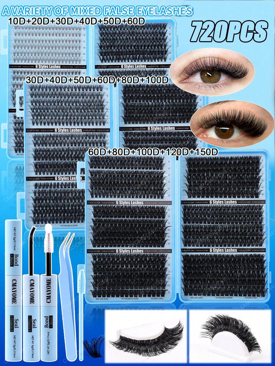 Bộ 720 sợi mi giả tự làm chất lượng cao, độ dày 8-16mm, độ cong 10D-150D, mi tự nhiên D-Curl, siêu dày và mềm mại, dạng sách hướng dẫn sử dụng mi, phù hợp cho sử dụng hàng ngày và người mới bắt đầu, nhiều kiểu dáng để phối hợp tự do, bộ mi giả dạng chùm.