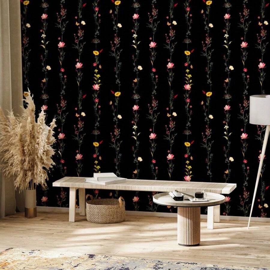复古深色花卉壁纸，复古植物图案可移除壁纸 - 1PC - 查看 1