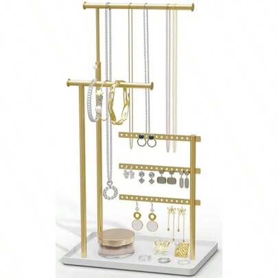 Jewelry Holder Organizer Stand - Adjustable Tall 17.5" Max Gift For Women Mirrored Gold Jewelry Hanger For Necklaces Earrings Bracelets Rings
