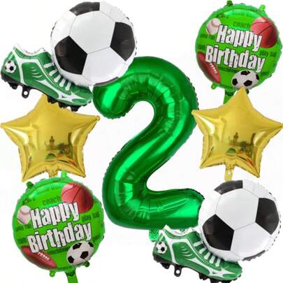 7件套足球主题气球套装，包括足球鞋铝箔气球、32英寸绿色0-9数字气球、18英寸圆形生日快乐气球，生日派对装饰及拍照道具