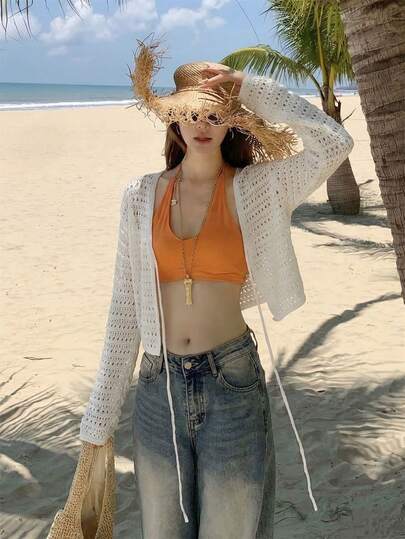 轻薄镂空针织罩衫，休闲海滩度假风，抽绳长袖薄款纯色宽松外套
