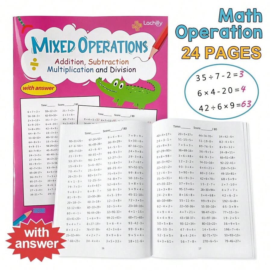 Lachilly ﻿﻿24pages Addition Subtraction Multiplication Division Mixed Operations Math Arithmetic Workbook With Answer, Special Exercises For Elementary School Math Calculation Problems, Math Training Tool, Children's Mathematics Homework