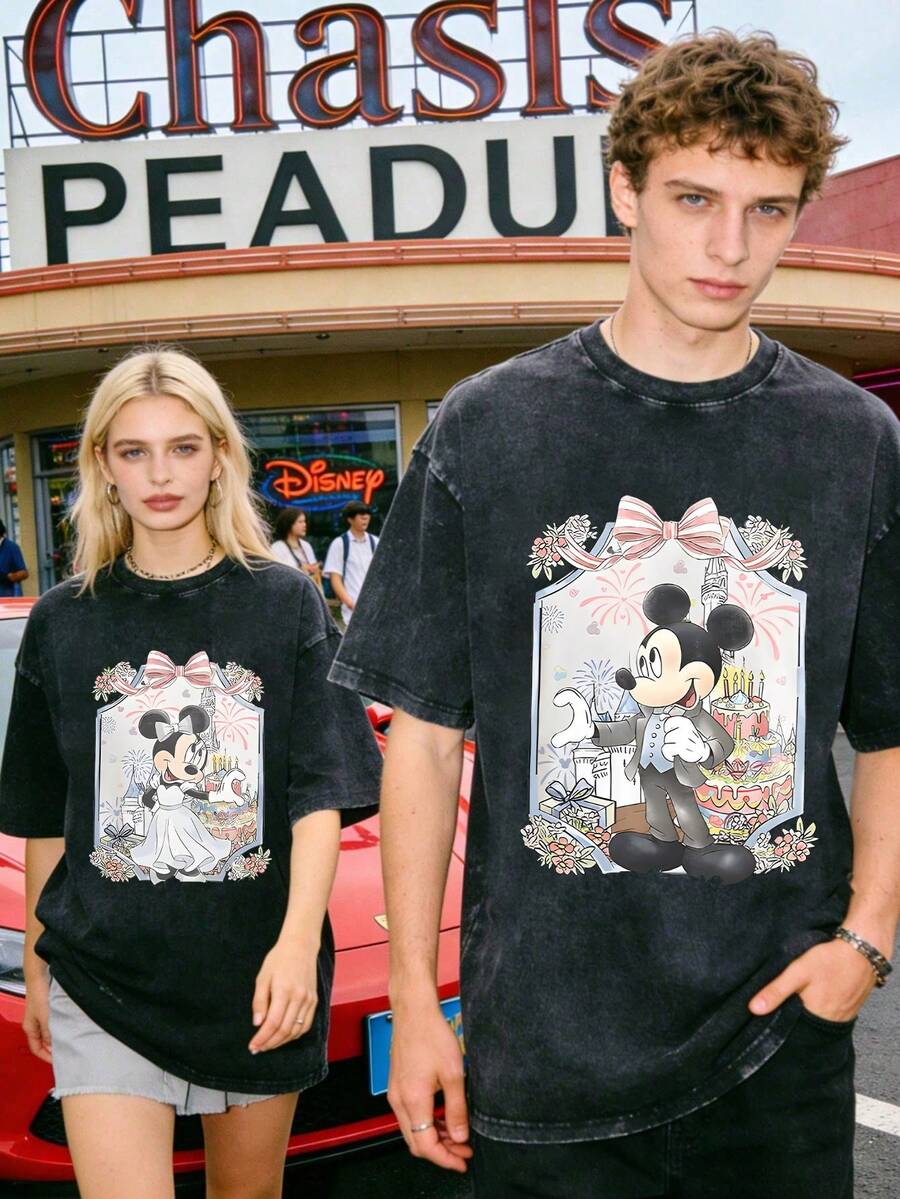 Disney Officially Licensed Graphic T Shirts 100 Percent Cotton  Shirt,  &  Wedding Couple T-Shirt, Unisex, Washed 230g, Retro Vintage, Crew Neck Short Sleeve, Casual Daily Wear - 黑2 - 查看 1