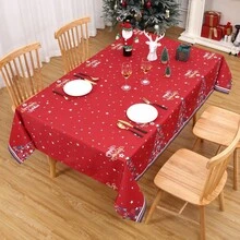 Waterproof Washable Red Christmas Tablecloth 60x84 Inch Rectangular Holiday Table Cover Mark Resistant 180GSM Polyester - Reindeer Design For Indoor Outdoor Kitchen, Dining Room, Party Decor - Red 54*108" - View 7