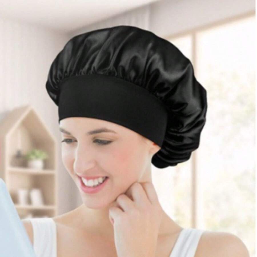 宽边高弹缎面睡帽，时尚女士缎面睡帽，缎面护发头巾 - A - 查看 1