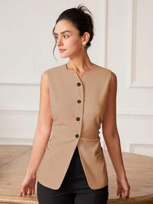 Áo vest không tay ôm sát, thanh lịch, quyến rũ, phong cách cổ điển dành cho nữ, áo croptop công sở thường ngày, thích hợp cho mùa xuân/hè. - màu nâu - Xem 7