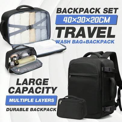 حقيبة ظهر للسفر مع حقيبة غسيل، حقيبة ظهر للحمل على متن الطائرة مقاس 40x30x20 سم معتمدة من قبل شركة رايان إير، حقيبة ظهر كبيرة السعة ومتينة للأمتعة للرجال والنساء للرحلات العمل