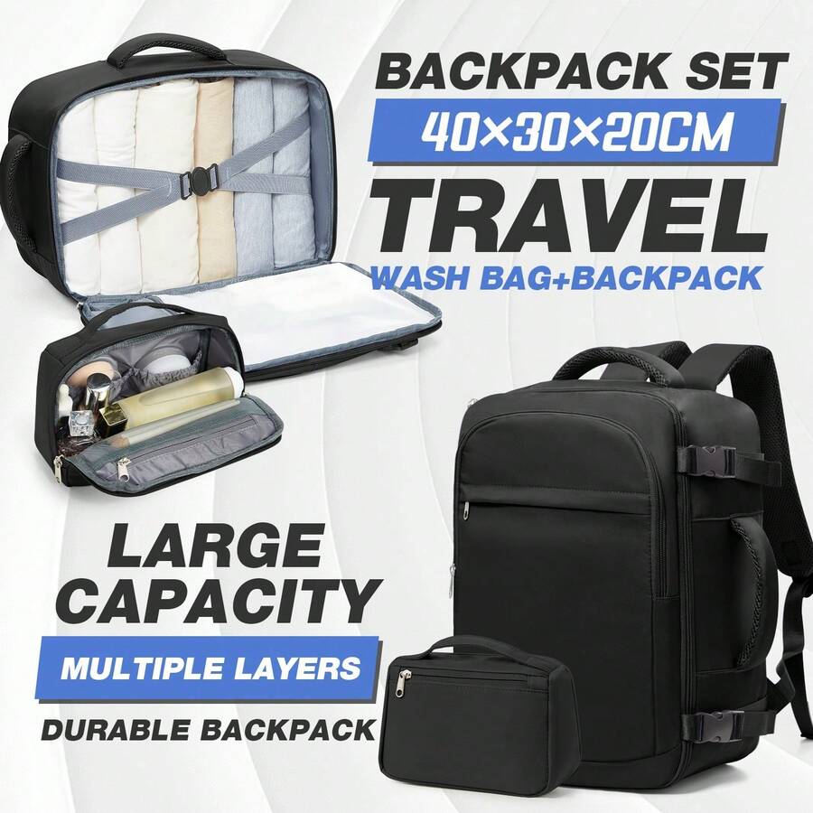 Bộ ba lô du lịch kèm túi đựng đồ vệ sinh cá nhân, kích thước 40x30x20CM, được Ryanair chấp thuận, ba lô hành lý dung tích lớn, bền chắc dành cho nam và nữ, thích hợp cho các chuyến công tác. - Nhiều màu - Xem 1