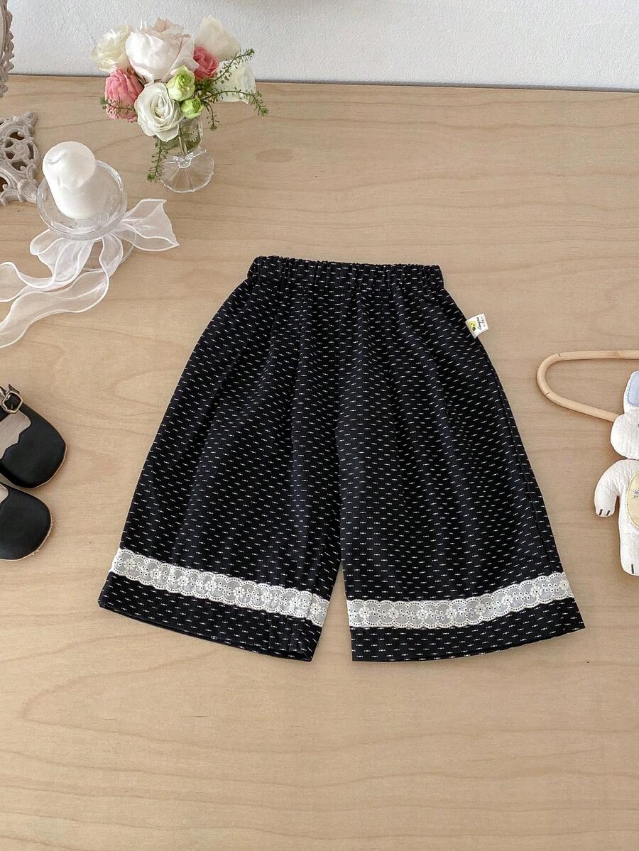 Pantalones casuales de verano con estampado ligero y encaje de contraste - Negro - Ver 1