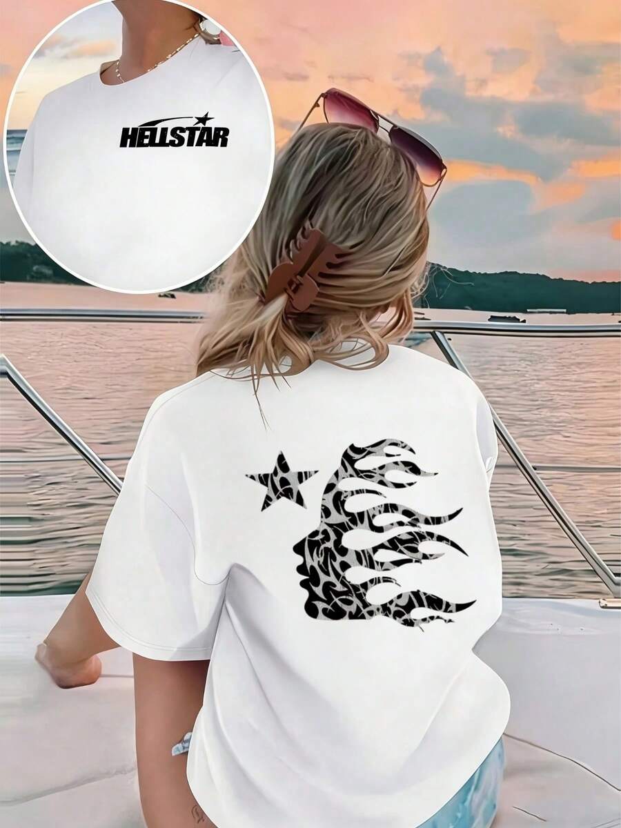 Plus Size Hellstars  Fire Hair Star Vintage T-Shirt Double Sided Printed (220g 100% Cotton T-Shirt),Summer Clothes, Women's Tops, Casual And Comfortable, Fashionable Graphic Tee, Unisex Style - White - View 1
