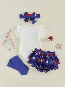 My First 4th Of July Outfit Baby Girl Letter Romper +Star Skirt Shorts Bloomers Set Memorial Day Clothes Summer, My 1st Fourth Of July Baby Girl Outfit, Baby Girl 4th Of July Romper Dress Set, 4th Of July  Baby Girl Outfit 0-3M 3-6M 6-9M 9-12M 12-18M - 白色 - 查看 8