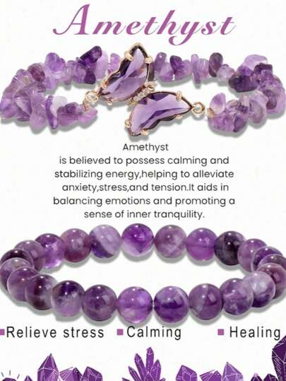 两件套手链首饰套装 - 天然宝石蝴蝶吊坠 - 水晶项链 - 疗愈石，男女皆宜