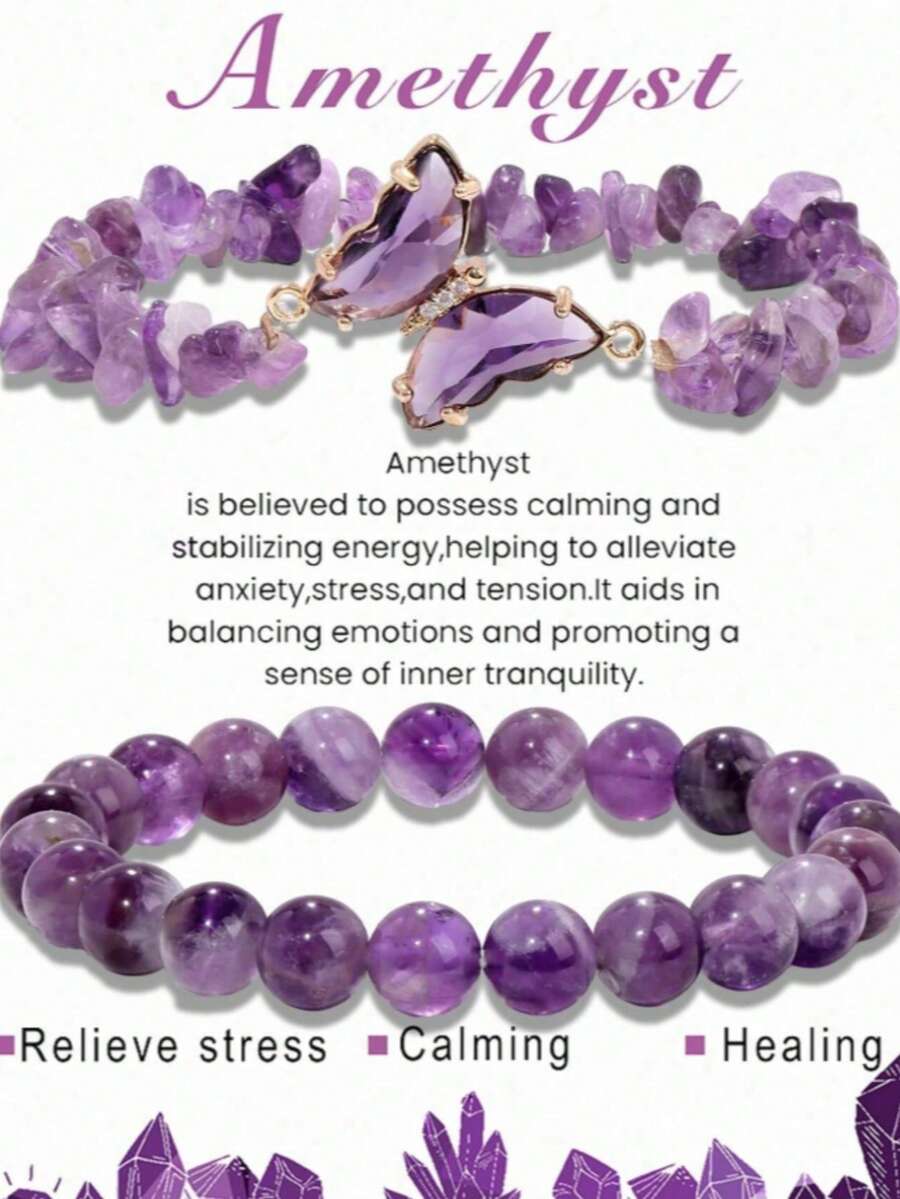 2 Sets Bracelet Jewelry Set - Natural Gemstone Butterfly Pendant - Crystal Necklace - Healing Stones Suitable For Women And Men