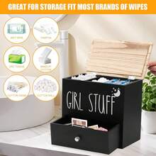 Rustic Farmhouse Wooden Bathroom Organizer With Drawer & Lid - Tampon And Pad Storage Box, Feminine Product Holder For Bathroom Decor, Cotton Ball & Swab Dispenser,Housewarming Gift For Girls - 黑色 - 查看 2