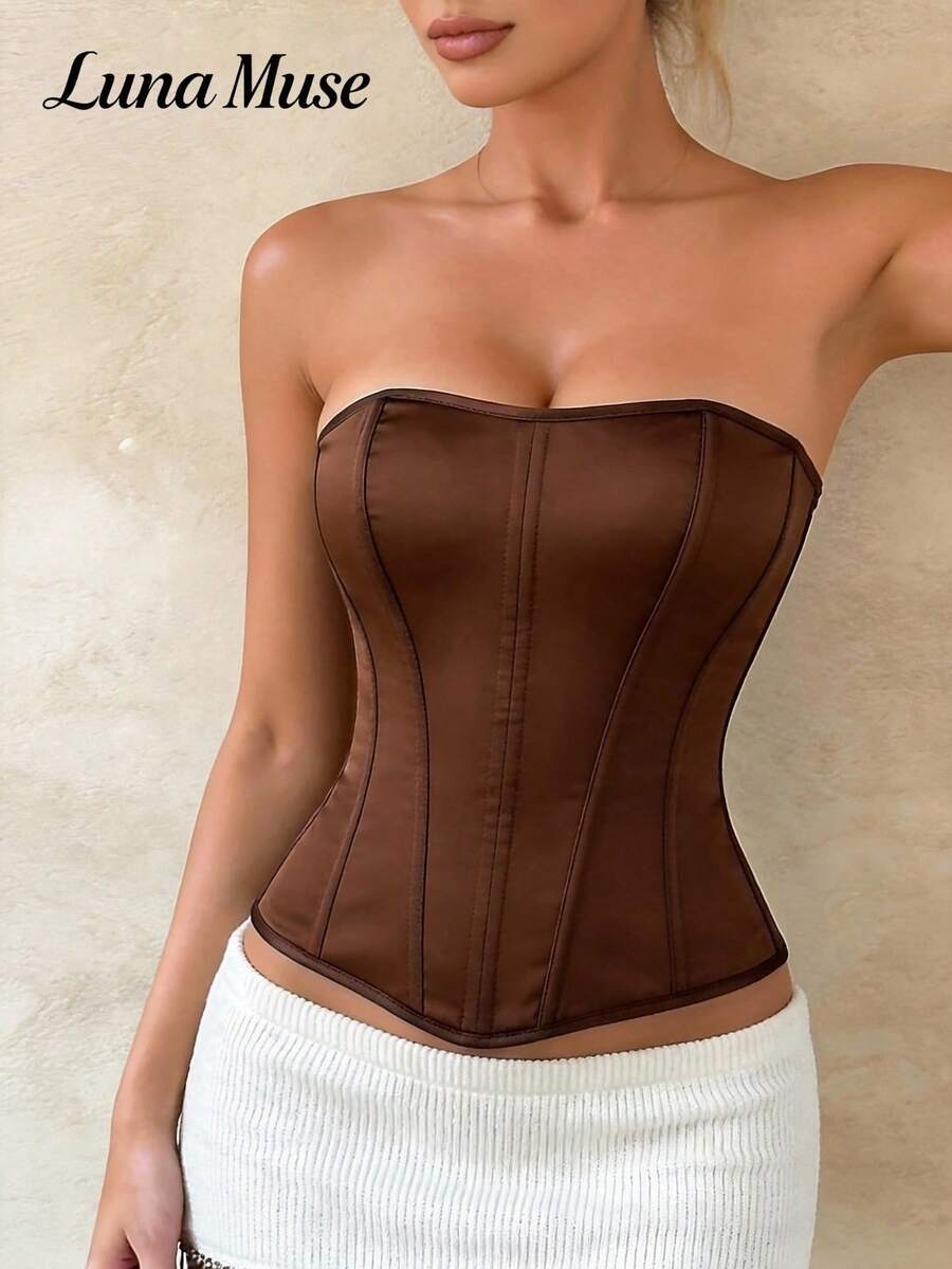 Top con cierre de mujer Luna Muse, nueva moda primavera/verano. Corset negro de otoño, corset vintage de espina de pescado negro sexy, top corto con tirantes finos, elegante y ajustado, adecuado para uso diario, fiesta, vacaciones, casual, citas, calle, actuaciones, exterior, vuelta al colegio, estilo punk, Acción de Gracias, festivales de música, San Valentín, fiesta de Año Nuevo