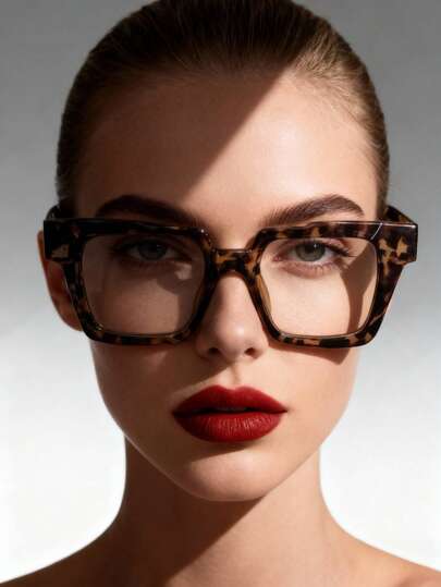 1副几何玳瑁纹印花塑料经典Y2K辣妹风永不过时的女士透明眼镜，适合街头拍照、节日穿搭，适合所有脸型