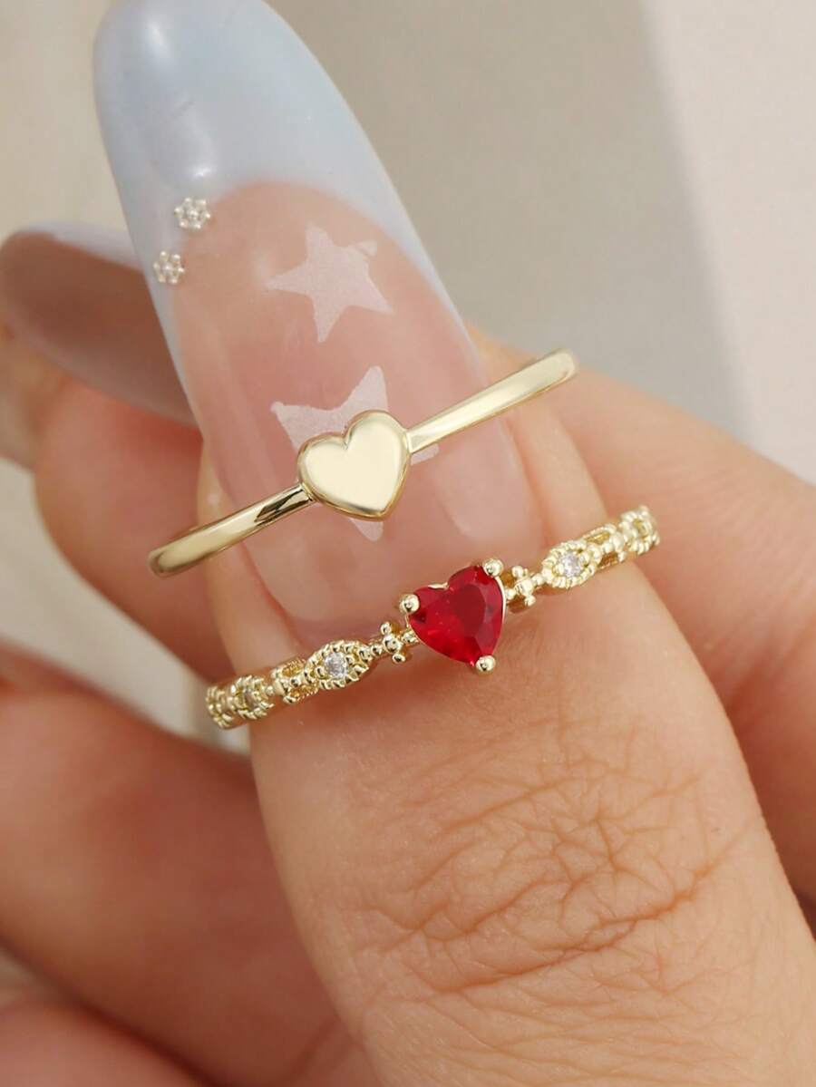 Bộ 2 chiếc nhẫn nữ hình trái tim trơn đính đá pha lê, thích hợp đeo hàng ngày. - Vàng - Xem 1