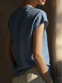 Blusa de mujer de color liso con cuello en V y diseño de volantes, versátil, elegante y casual para vacaciones de verano - Azul - Ver 4