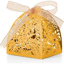 10/20pcs Four-Leaf Rose Candy/Chocolate Gift Box, Laser Cut Wedding Favor Box With Ribbon, Gold Color Suitable For Bridal Shower, Birthday Party, Christmas, Halloween - Gold - View 1