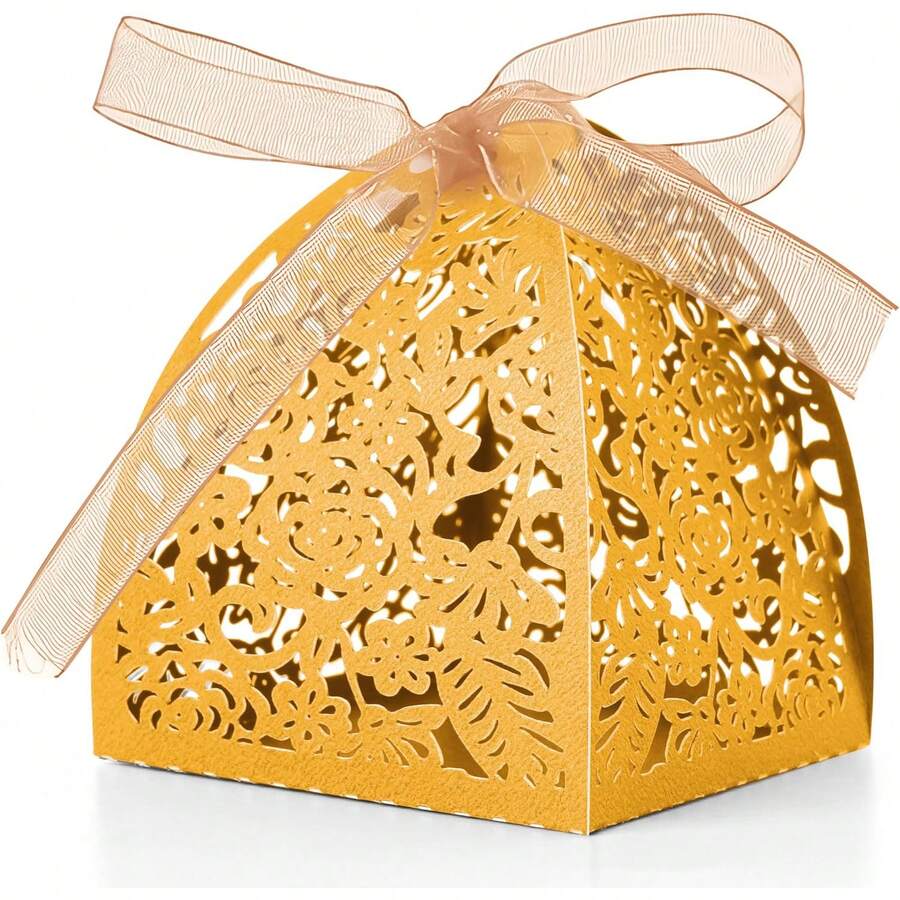 10/20pcs Four-Leaf Rose Candy/Chocolate Gift Box, Laser Cut Wedding Favor Box With Ribbon, Gold Color Suitable For Bridal Shower, Birthday Party, Christmas, Halloween - Gold - View 1