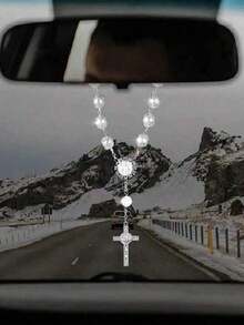 1pc Silver Rhinestone Cross Car Rearview Mirror Decoration, Elegant Car Charm Beaded Hanging Ornament - A - View 3