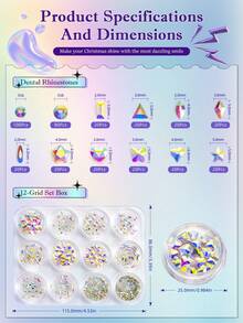 380件牙齿宝石套装，12罐DIY水晶首饰套装牙齿宝石套装，专业时尚牙齿宝石入门套装（不含胶水和灯） - 白AB - 查看 3