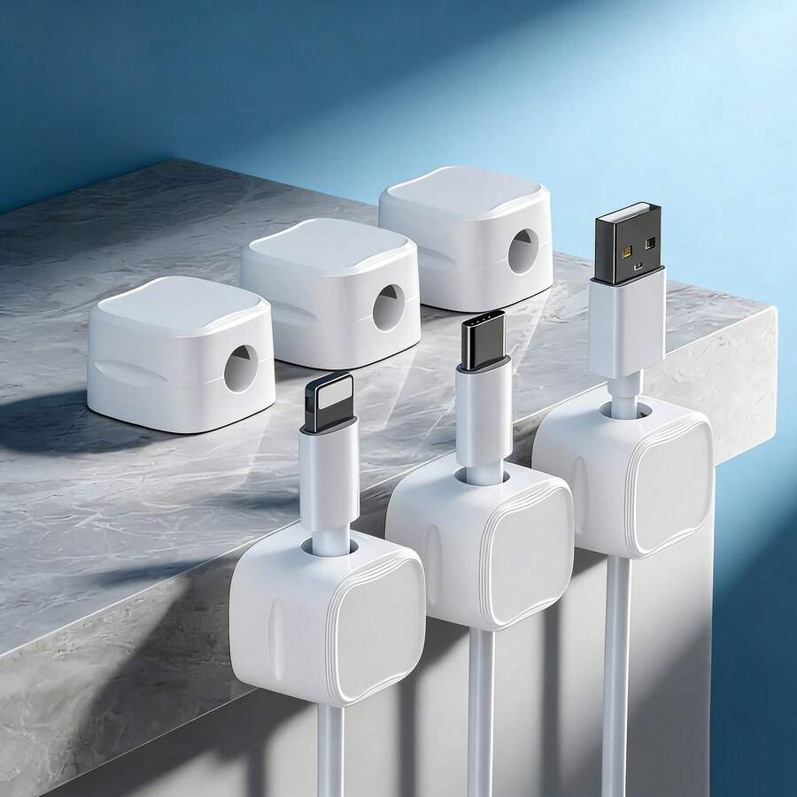 6个PVC线缆夹 - 强力粘性线缆整理器，无需钻孔，适用于桌面、床头柜、办公室、家庭，可固定USB、手机充电器、音频线等。