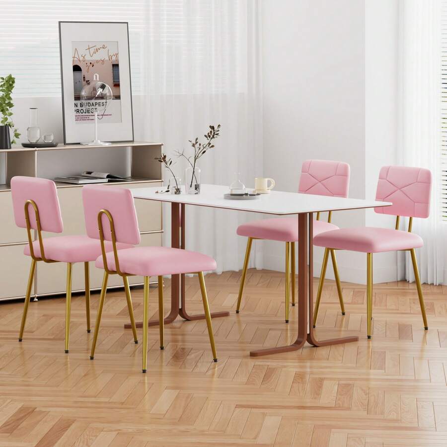 VECELO Dining Chairs Set Of 4, Modern Upholstered Dining Room Chairs With PU Leather Padded Seat, Armless Kitchen Chairs With Curved Backrest And Solid Wood Legs For Dining Room, Kitchen, Apartment - 粉色 - 查看 1