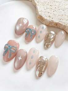 10片可爱简约ins日常百搭3D浮雕蝴蝶结手绘S形线条金属质感美甲贴纸，裸粉色杏仁形短款美甲装饰片 - 彩色 - 查看 2