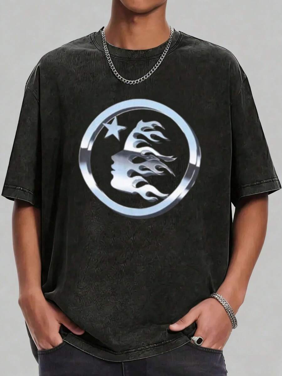 Hellstars  Flame Logo Metallic Washed Print Round Neck Short Sleeve T-Shirt, 230g 100% Cotton T-Shirt, Summer Clothes, Men's Tops, Casual And Comfortable, Fashionable Graphic Tee, Unisex Style - 黑色 - 查看 1