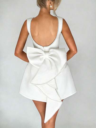 Women's Short Dress With Bowknot & Faux Pearl Decor On Back White Summer Party Elegant