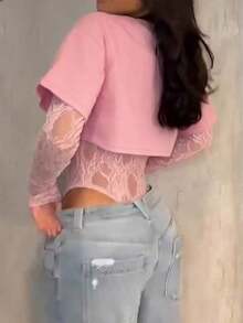 Women's Sexy Sheer Lace Short Sleeve Crop Top, Solid Color Lace Patchwork See-Through Sexy Bodysuit For Daily Wear, Dating, Single Party, Stage Performance, Spring/Summer Pink - 白色 - 查看 11