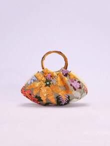 1 pieza Bolso de tote con asa de bambú, estilo de vacaciones, con patrón de hojas de malla de contraste con lentejuelas florales de colores, fondo de lino, adecuado para playa y ocio de verano (patrón de lentejuelas florales distribuido aleatoriamente) - Multicolor - Ver 3