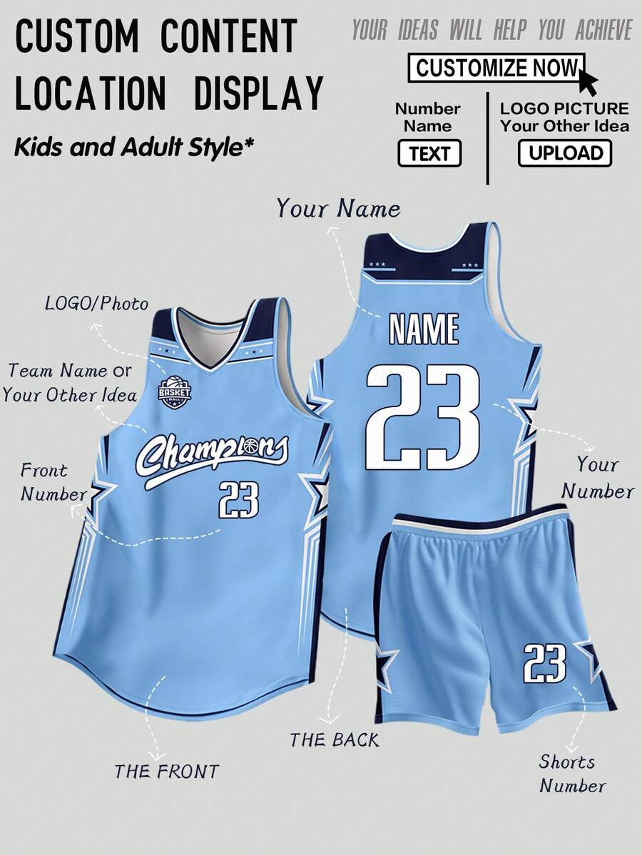 2pcs Personalized Basketball Jersey Set - Custom Club Name, Number And Logo Printed Tank Top + Shorts, Father's Day Gift, Suitable For Sports/Climbing - Baby Blue - View 1