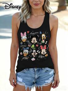 Disney Official Authorization | Women's Casual Crew Neck Sleeveless Tank Top. Features Mickey, Minnie, Donald Duck, Daisy, Goofy And Pluto All Together With Journal-Style Signatures And Small Elements, Retro And Heartwarming. The Loose Fit Flatters All Body Types, Making It Versatile And Practical For Daily Outings And An Ideal Choice For Matching Outfits With Girlfriends. - 黑色 - 查看 1
