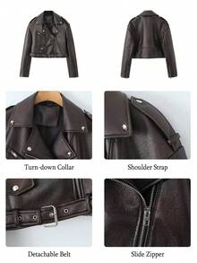 Women's Distressed Faux Leather Bomber Jacket, Loose Fit Motorcycle Jacket - Dark Brown - View 7