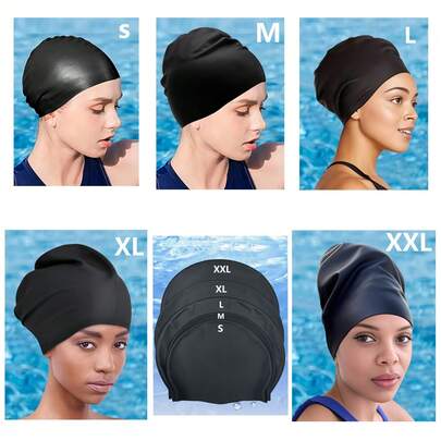 Extra Large Silicone Swimming Cap For Braids And Long Hair Extensions, Waterproof Swim Caps For Pools And Showers, Suitable For Adults To Keep Hair Dry, Easy To Put On And Take Off, Fits Various Hair Lengths And Styles Including Short, Medium, Long Hair, Braids, Weaves, Curls, And Afro Hair. Available In 5 Sizes: S-M-L-XL-XXL, Black Color, Unisex, Beach Essentials, Beach Accessories, Pool Float