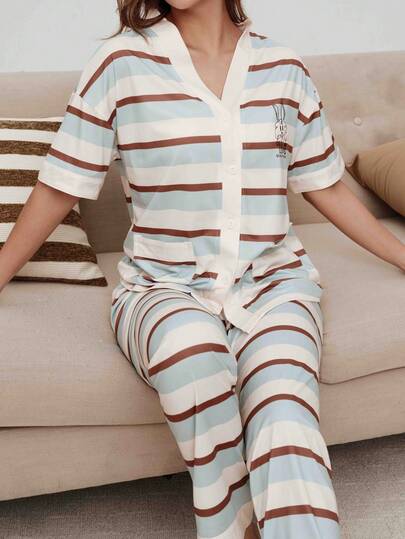 2pcs Women's Pajama Set, Solid Color & Striped V-Neck Top And Long Pants, Short Sleeve Minimalist Comfortable Sleepwear