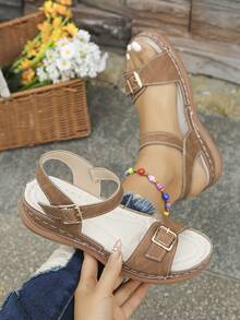 Women's Sandals, Comfortable And Lightweight, Single Buckle Design, Elegant And Fashionable, Suitable For Daily Wear, Summer Brown Sandals - Brown - View 3