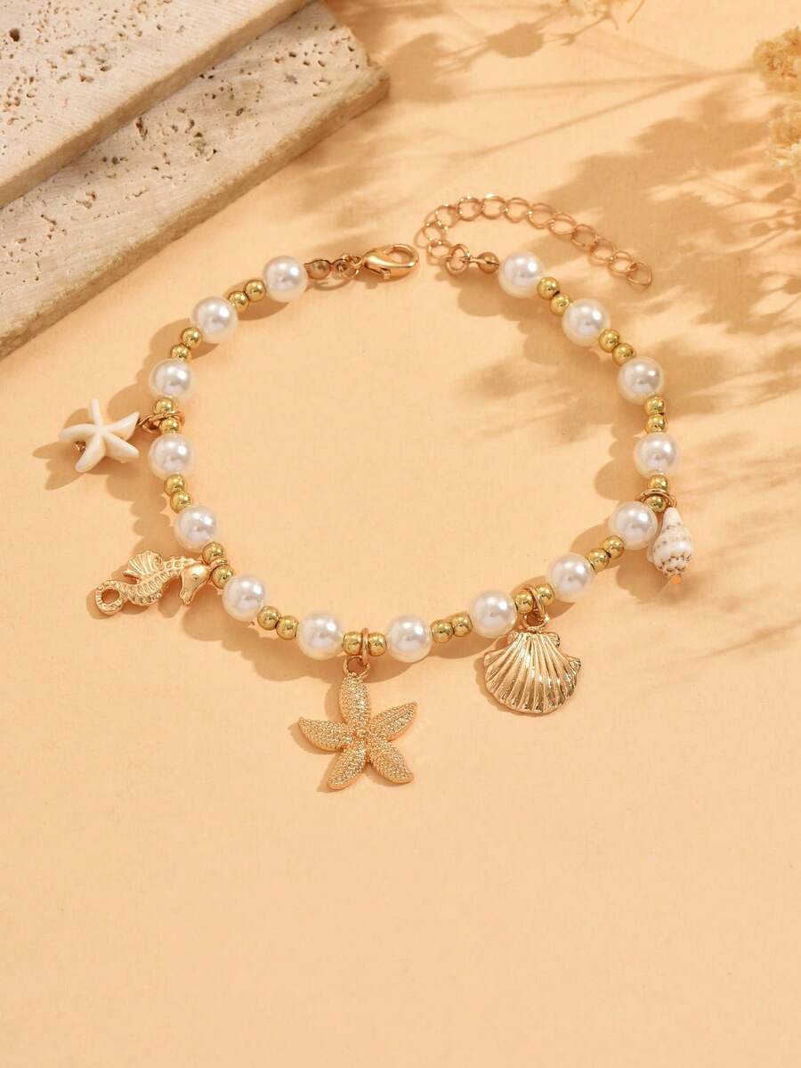 1 pieza Tobillera con colgante de borla con diseño de vida marina de aleación, joyería hecha a mano con perla falsa clásica, adecuada para uso diario, fiesta en la playa, citas, viajes - Multicolor - Ver 1