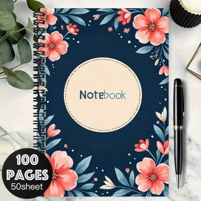 100-Page Romantic Floral Spiral Notebook, Large Capacity. Deep Blue Cover With Soft Pink Flowers, Fresh And Elegant. Suitable For Work Records, Study Notes, Classroom. Whether For Diary Writing, Daily Planning, Memo, Or As Graduation/Birthday Gift, It Is A High-Quality Choice.