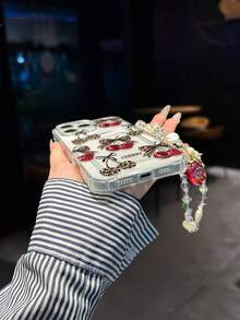 Cherry Painted Transparent Quadrangular Card Holder Multifunctional Card Wallet With Bracelet Strap & Thick Shockproof Phone Case Compatible With IPhone/ Galaxy/,International Version, Not The Domestic Version - Multicolor - View 7